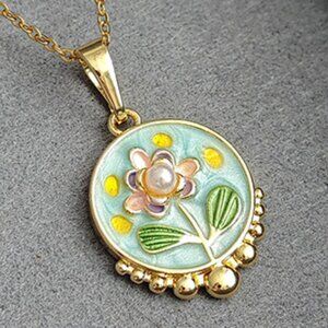 Vintage Floral Enamel Necklace – Green Rose Pendant, Monet Garden Inspired